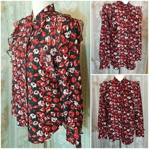 Ralph Lauren Red Floral Ruffled Collared Tunic Top Blouse